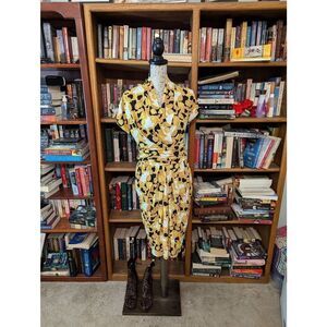 Maxmara Women’s Small Yellow Geometrical Print Wrap Tie Midi Short Sleeve Dress